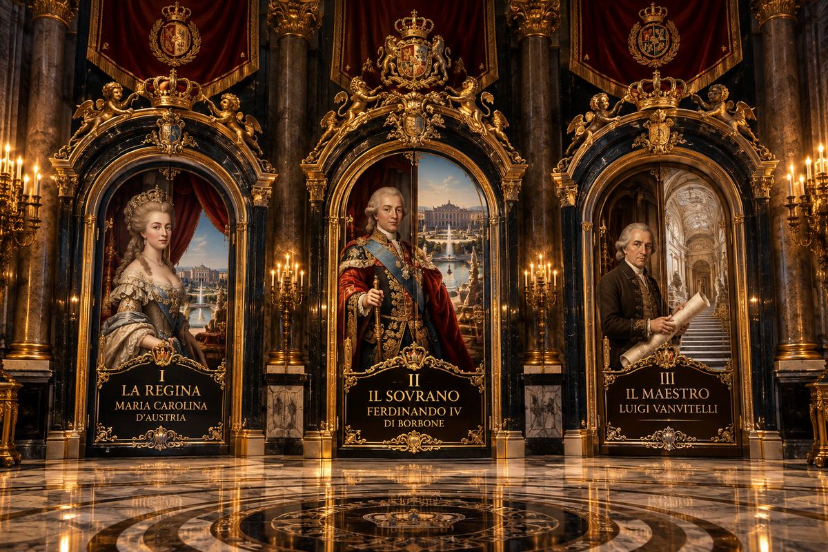 Three royal doors: Maria Carolina, Ferdinando IV, and Luigi Vanvitelli